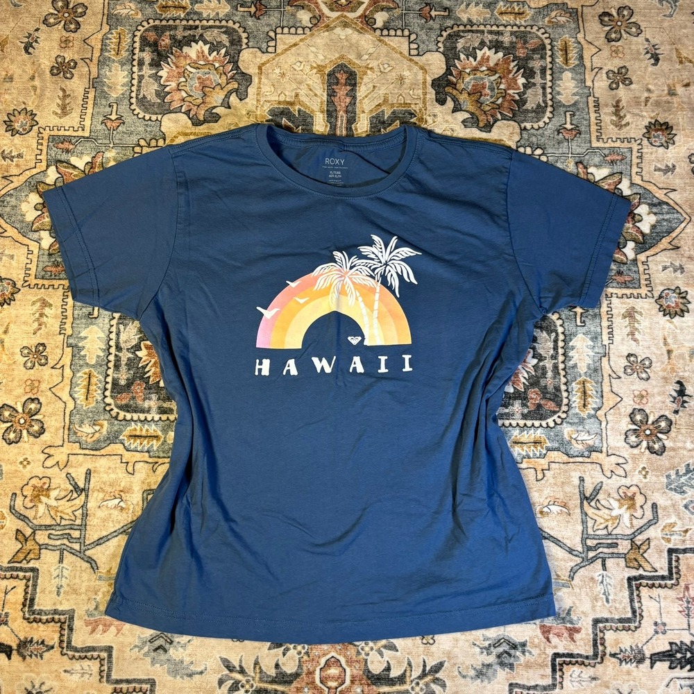 Roxy Hawaii Graphic Tee Blue Rainbow Palm Tree Cotton T-Shirt XL Beach Surf Y2K